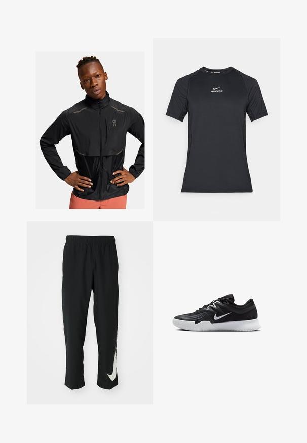 Sorte letvægtsjakke med høj krave, lynlås foran og refleksdetaljer. Tekstureret stof med let glans, designet til aktiv brug.; Sort kortærmet Nike Pro atletisk kompressionsskjorte med hvid Nike-logo centreret på brystet.; Sorte træningsbukser med elastisk talje, der taper ind, og har et stort hvidt Nike-logo på venstre ben. Blødt, letvægtsstof.; Sort atletiksko med en tekstureret overdel, hvid Nike swoosh og en hvid gummisål. Har en snørret design og dynamisk form.