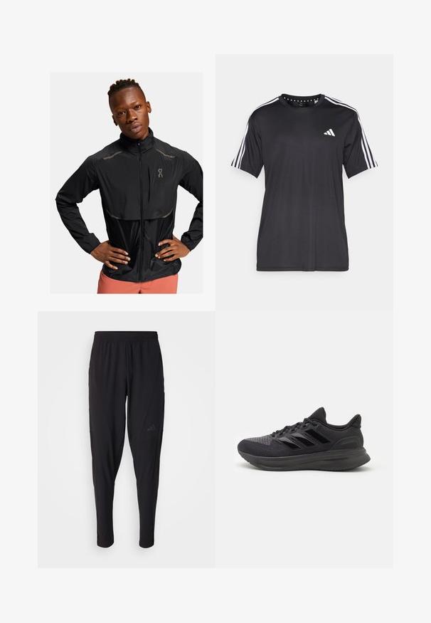 Black lightweight jacket with a high collar, zip front, and reflective accents. Textured fabric and slight sheen, designed for active wear.; Black short-sleeve t-shirt with white three-stripe design on shoulders and logo on the chest. Made from breathable fabric, smooth texture.; Black athletic pants with an elastic waistband, tapered design, side pockets, and subtle logo detail. Made from flexible, breathable fabric.; Black athletic shoe with textured fabric upper, rubber sole, and three shiny black stripes on the side. Rounded toe and cushioned heel.