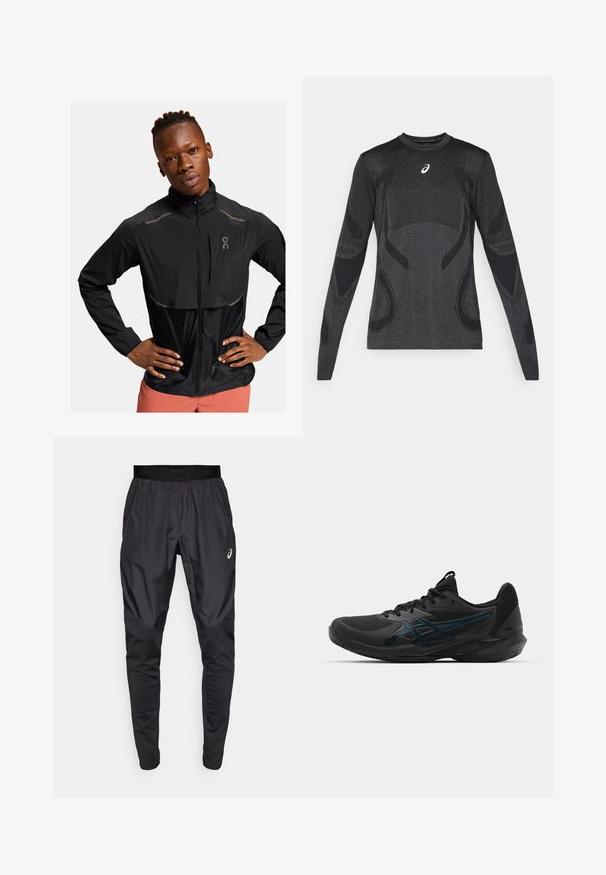 Giacca leggera nera con colletto alto, chiusura con zip e dettagli riflettenti. Tessuto testurizzato e leggero lucido, progettata per l'abbigliamento attivo.; Maglia sportiva a maniche lunghe in grigio scuro, con dettagli di design testurizzati in un grigio più chiaro. Collo a giro con logo sul petto.; Pantaloni sportivi neri con una cintura elastica, tasche laterali e pannelli di texture a contrasto sulle gambe. Logo Asics sull'anca.; ASICS SOLUTION SPEED FF 3 CLAY - da tennis per terra battuta - black/prism blue