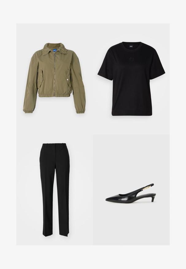 Cropped olive green bomber jacket with a zipper front, two side pockets, gathered cuffs, and a standing collar. Made of lightweight fabric.; Black cotton t-shirt with a crew neckline, short sleeves, and an embroidered logo on the chest. Simple, relaxed fit with no patterns.; Black tailored trousers with a straight-leg design, featuring a smooth texture and crisp creases along the front. No visible hardware.; Black leather slingback heels with a pointed toe, featuring a slim heel and a gold-tone accent on the adjustable strap. Smooth texture.