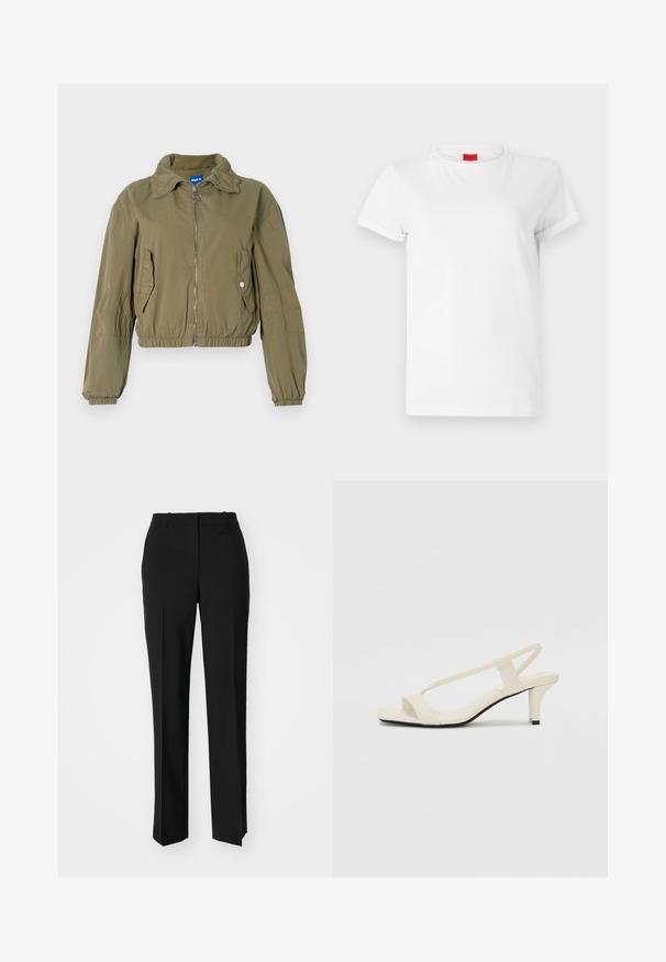 Cropped olive green bomber jacket with a zipper front, two side pockets, gathered cuffs, and a standing collar. Made of lightweight fabric.; White short-sleeve t-shirt made of lightweight cotton. Features a round neckline and rolled sleeves. Red logo tag on the collar.; Black tailored trousers with a straight-leg design, featuring a smooth texture and crisp creases along the front. No visible hardware.; Beige block-heeled sandals with thin straps and a square toe. Smooth material with minimal detailing, designed for easy wear.