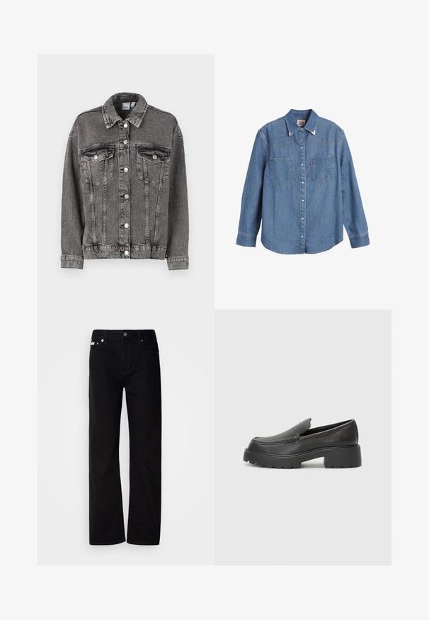 Black denim jacket with a collared neck, two chest pockets, and button closures. It features a slightly distressed texture and relaxed fit.; Light blue denim shirt with long sleeves, pointed collar, two chest pockets, and contrasting stitching. Features a western-style yoke design.; Black denim straight-leg pants with five pockets, silver rivets, and a button fly. The fabric has a smooth, slightly textured finish.; Black leather loafers with a rounded toe, thick textured sole, and minimal stitching details. Sleek design with no visible laces or hardware.