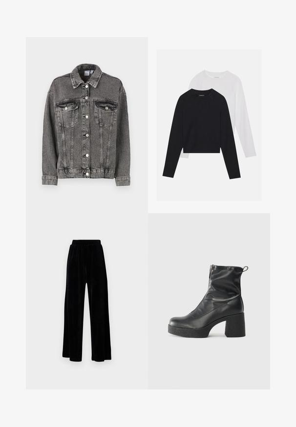 Črna denimska jakna s ovratnikom, dvema prsoma žepoma in gumbi za zapiranje. Ima rahlo obrabljen videz in sproščen kroj.; Dve dolge majice z dolgimi rokavi: ena črna in ena bela. Obe imata okroglo ovratnico, raglan rokave in mehko mešanico bombaža.; Črne široke hlače iz mehkega žameta, z elastičnim pasom in gladko teksturo, brez vidnih detajlov ali vzorcev.; Črne gležnjarje iz gladke kože z božnim zadrgo, masivnim teksturiranim peto in zaobljeno obliko prstov.