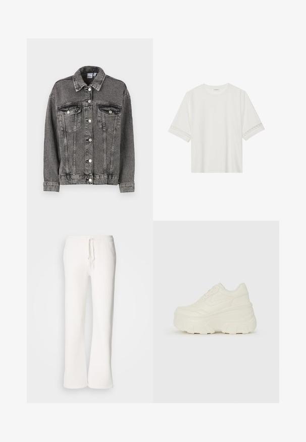 Melnā džinsa jaka ar apkakli, divām krūšu kabatām un pogu aizvēršanu. Tai ir nedaudz nolietota tekstūra un brīva piegriezuma forma.; Balta īsām piedurknēm T-kreklu, izgatavotu no kokvilnas, ar dekoratīvu mežģīņu apdari ap piedurknēm un apaļu kakla izgriezumu.; Baltas, brīvi pieguļoši sporta bikses, izgatavotas no mīkstas auduma, ar elastīgu jostu un aukliņu, kā arī taisna kāju dizainu.; Baltie platformas sporta apavi, kas izgatavoti no gludas mākslīgās ādas, ar noapaļotu formu, mīkstu apkakli un teksturētu gumijas zoli ar izteiktiem rakstiem.