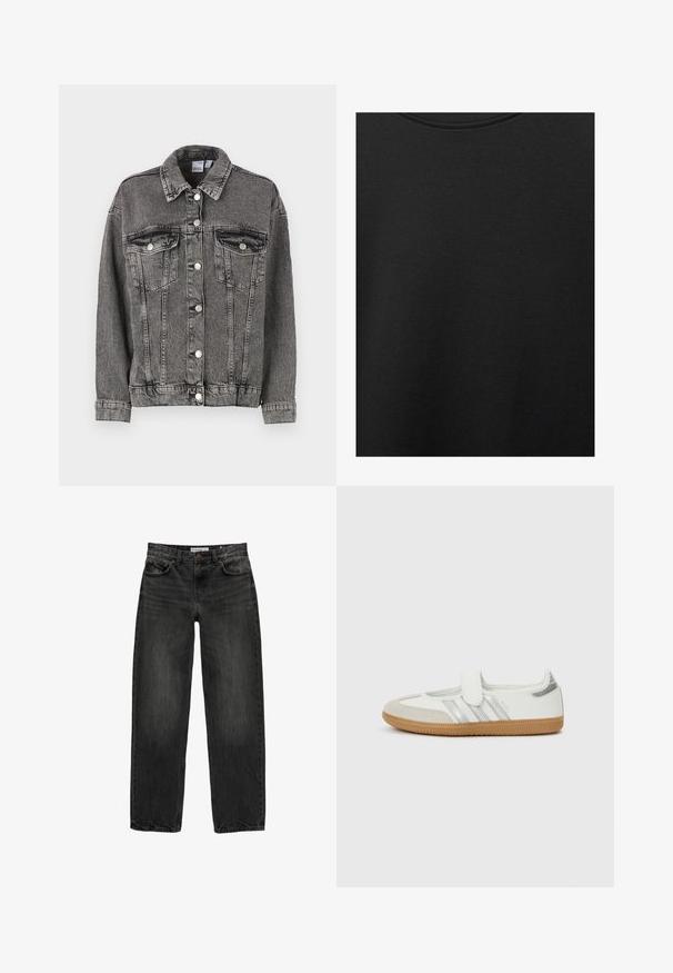 Crna traper jakna s ovratnikom, dva džepa na prsima i dugmadi. Ima blago istrošen izgled i opušteni kroj.; Crni pamučni materijal s glatkom teksturom i okruglim izrezom, s nježnim, ravnomjernim uzorkom. Nema vidljivih logotipa ili akcenata.; Crne traperice od denima s opuštenim krojem, ravnim nogavicama, dizajnom s pet džepova i blago izblijedjelom teksturom. Zaključavanje na dugme i patentni zatvarač sprijeda.; Bijela tenisica sa srebrnim prugama, vrhom od brušene kože i remenom na čičak. Noga gumeni potplat s teksturom. Minimalistički dizajn s glatkim završetkom.