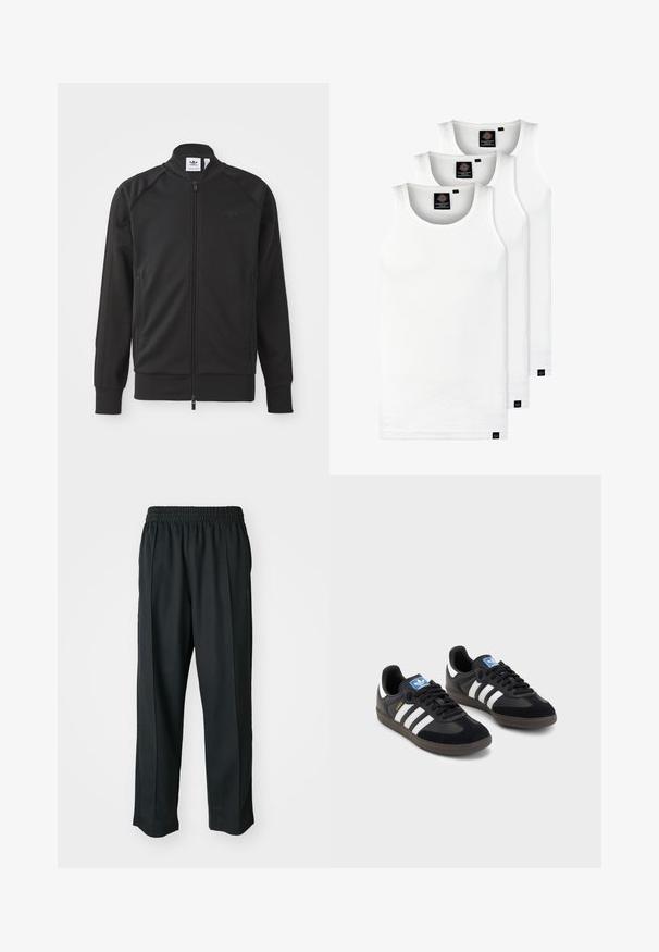 Mustan värvi sportlik tõmblukuülikond, mis on valmistatud siledast kangast. Sellel on kõrge krae, raglan varrukad, kaks küljetaskut ning rinnal on 3D-logo.; Kolm valget ribaga t-särki, mis on valmistatud puuvillast. Omavad ümmargust kaelanõhku ja väikseid musti silte hemme lähedal. Saadaval erinevates suurustes.; Mustad mustasport püksid elastse vöökoha ja sileda kangaga, millel on tagasihoidlik külgõmblus ning lõdvestatud lõige, sirge jala disain.; Mustad tossud, mille pealseks on seemisnahk ja sünteetilised materjalid, kolme valge triibuga, tekstureeritud kummitald ja sinine logo silt keele peal.