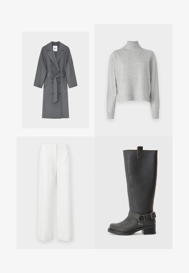 Gray wool coat with a double-breasted front, large lapels, belted waist, and long sleeves. Features two large buttons and a smooth texture.; Light grey turtleneck sweater made of soft knit fabric, featuring long sleeves and a ribbed hem and cuffs. No patterns or hardware details.; White wide-leg trousers with a smooth texture, featuring a flat front and pressed creases. Made of lightweight fabric, no visible patterns.; Black leather knee-high boot with a textured finish, featuring a side buckle accent and a low heel. Detailed stitching along the seams.