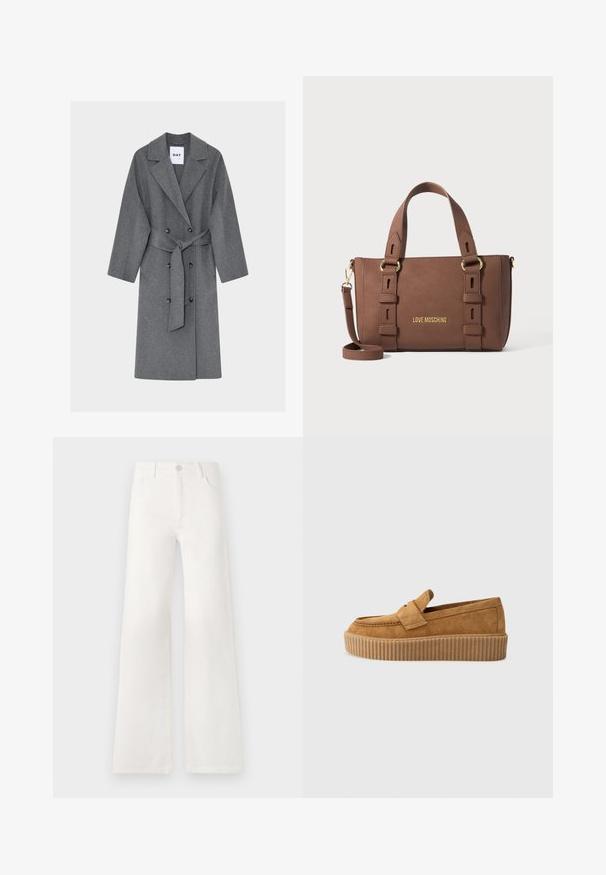 Harmaa villakangastakki, jossa on kaksirivinen etuosa, suuret kaulukset, vyötärösolki ja pitkät hihat. Siinä on kaksi suurta nappia ja sileä pinta.; Vaaleansininen lyhytnhihainen paita, joka on valmistettu pehmeästä kankaasta. Siinä on pyöreä pääntie ja väljä malli, puhtaat saumat ja ei kuvioita.; Valkoiset, korkeavyötäröiset ja leveälahkeiset farkut, jotka on valmistettu denimkankaasta. Ominaisuuksiin kuuluu napp closure, kaksi etutaskua ja sivusaumojen ompeluyksityiskohdat.; Kastanjanruske mokasiner med rund tå, som har en ribbet plattformssåle og en dekorativ stropp over vristen.; Ruskea Love Moschino -laukkua, jossa on kaksoiskahvat, säädettävä olkahihna ja kultasävyiset metalliosat, tasaisella taustalla.