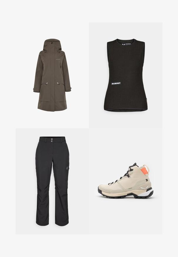 Brauner wasserdichter langer Mantel mit Kapuze, ausgestattet mit seitlichen Reißverschlusstaschen und verstellbaren Bündchen, gefertigt aus glattem, strapazierfähigem Material.; Schwarzes ärmelloses Shirt mit einem strukturierten Muster, runder Ausschnitt und einem "MAMMUT"-Logo auf der Vorderseite. Aus atmungsaktivem Material gefertigt.; Schwarze Outdoor-Hosen mit geradem Schnitt, Knopfverschluss, seitlichen Reißverschlusstaschen und einem Logo-Patch auf dem linken Oberschenkel.; Salewa PUEZ MID PTX - Hikingschuh - oatmeal