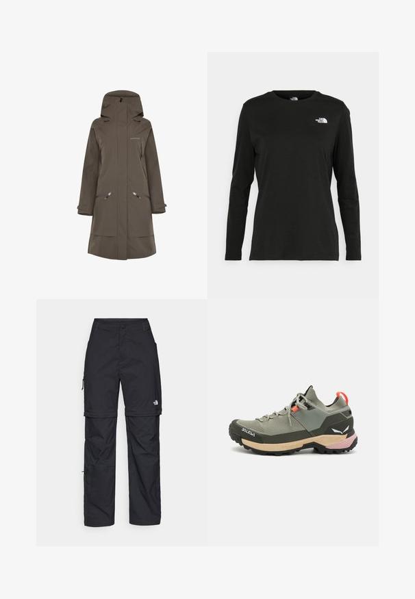 Brūna ūdensizturīga gara jaka ar kapuci, kas aprīkota ar sānu kabatām ar rāvējslēdzēju un regulējamām aprocēm, izgatavota no gludas, izturīgas materiāla.; Melnas garām piedurknēm T-krekls, izgatavots no kokvilnas ar apaļu kaklu. Tam ir mazs balts logo kreisajā krūtīs. Vienkāršs dizains un piegulums.; Melni nailona bikses ar noņemamām kājām, regulējamiem uzmavām, vairākām kabatām un logotipu uz labās kājas. Gluda, viegla tekstūra.; Gaisais zaļais pārgājienu apavi ar sietveida un gumijas materiāliem, melna saķeres ziņķis, rozā un apelsīnu akcenti, kā arī pastiprināts purngals.