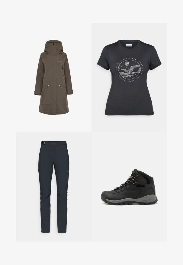 Brun vandafvisende lang frakke med hætte, der har lynlåslommer i siderne og justerbare manchetter, lavet af glat, holdbart materiale.; Sort Columbia t-shirt med hvid cirkulær bjerg- og flodlinjekunst samt teksten "Columbia Sportswear Company Udenfor Siden 1938."; Herrers udendørsbukser, mørkegrå, lavet af fleksibelt materiale, med bælte, lynlåslommer og forstærkede syninger.; Sort vandrestøvle med en mellem-højde design, der har en tekstureret overdel, grå detaljer og en holdbar gummisål med skridsikre klodser.