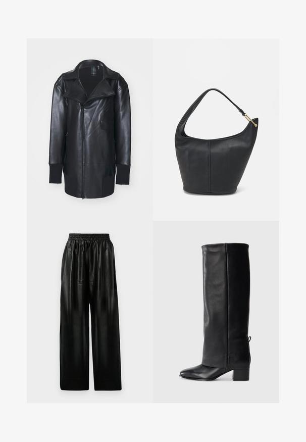 Chaqueta de cuero negra con cremallera frontal, grandes solapas y puños acanalados. Incluye dos bolsillos laterales y un diseño minimalista.; Top negro corto de manga larga con cuello alto. Hecho de tejido elástico, presenta un cierre de cremallera en la parte posterior y aberturas en los laterales.; Pantalones anchos de cuero negro con cintura elástica, que cuentan con dos bolsillos laterales y una textura suave y brillante.; Botas de cuero negro hasta la rodilla con un acabado suave, punta cuadrada, tacón cuadrado y detalle de lazo lateral para un ajuste ajustable.; Bolso de cuero negro con forma redondeada, un strap ancho y un acabado texturizado. Presenta un sutil detalle de costura y un acento de hardware en tono dorado.