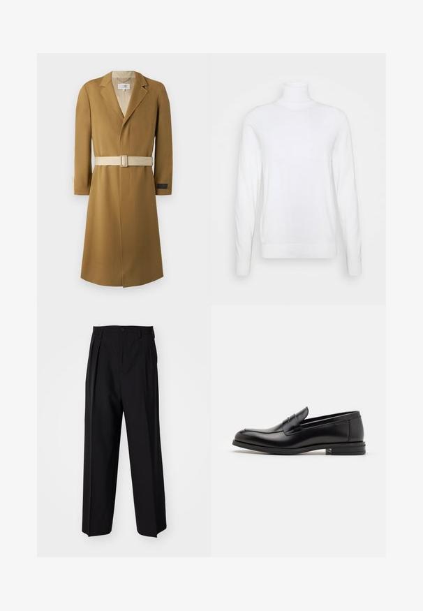 Pikend, vöödiga mantel kamelivärvi. Valmistatud tekstuursetest kangast, millel on sälguga krae ja beež vöö. Mantli varrukal on brändimise jaoks silt.; Valge kõrge kaelusega kampsun pikkade varrukatega, valmistatud siledast kangast. Omab sobivat lõiget ning üldiselt ribaroheline varrukate ja küljepidi. Ei sisalda mustreid ega aktsente.; Mustad volditud püksid sirge ja laia säärega disainiga. Valmistatud siledast kangast, millel on nuppudega sulgemine ja vööaasad.; Mustad mustad nahast loafers sileda tekstuuriga, ümarat ninaosa ja dekoratiivne riba vampi üle. Madal kihiline konts, minimalistlik disain.