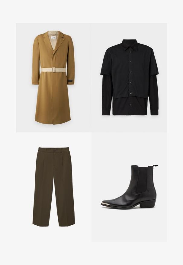 Dlhý kabát s opaskom v béžovej farbe. Vyrobený z textúrovanej tkaniny s klopovým golierom a béžovým opaskom. Obsahuje štítok na rukáve pre branding.; Čierna košeľa na gombíky s vrstvenými krátkymi a dlhými rukávmi. Vyrobená z bavlny, s klasickým golierom a decentným logom na ramene.; Hnedé, voľné nohavice vyrobené z mäkkej tkaniny s plochým predným dielom, bočnými vreckami a gombíkovým zapínaním v páse. Jednoduchý dizajn bez vzorov.; Čierne členkové topánky vyrobené z textúrovanej kože s špicatou špičkou, elastickými bočnými panelmi, zadným úchytom a nízkym blokovým podpätkom.