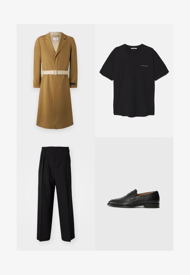 Manteau long ceinturé de couleur camel. Fabriqué en tissu texturé avec un col cranté et une ceinture beige. Présente une étiquette sur la manche pour le branding.; T-shirt en coton noir avec un col rond, des manches courtes et un logo blanc imprimé sur la poitrine gauche. Design simple, couleur unie.; Pantalons plissés noirs avec un design droit et large. Fabriqués en tissu lisse, avec une fermeture à bouton et des passants de ceinture.; Mocassin en cuir noir avec un bout arrondi, des coutures subtiles et un talon bas, présentant une texture lisse et un design minimaliste.
