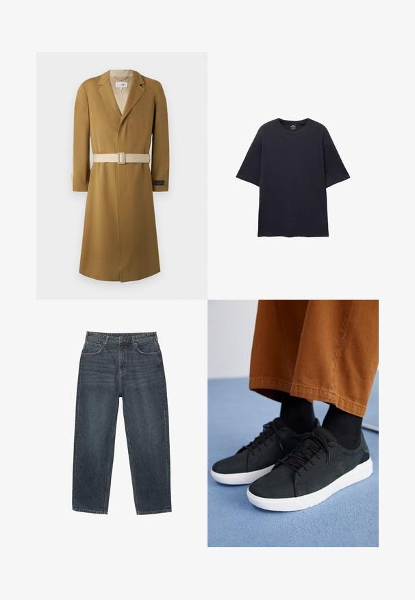 Palton lung, cu curea, de culoare cămilă. Este realizat dintr-un material texturat, cu guler tip revere și curea bej. Are o etichetă pe manșetă pentru branding.; PULL&BEAR SHORT SLEEVE TEXTURED WEAVE - Tricou basic - dark blue; Jeans din denim de culoare albastru închis, cu un design cu picioare drepte, cinci buzunare, bucle pentru curea și o ușoară decolorare a materialului. Detalii cusute pe tiv.; Adidași negri din suede cu talpă din cauciuc albă, cu un design cu șireturi, accente texturate și branding subtil, asortați cu pantaloni maro.