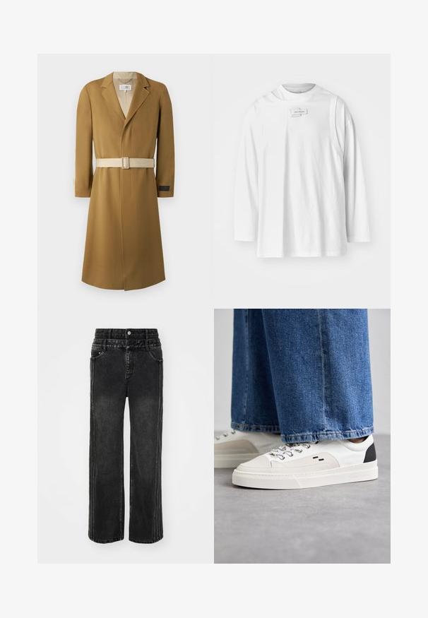 Abrigo largo con cinturón en color camel. Hecho de una tela texturada con cuello de muesca y cinturón beige. Presenta una etiqueta en la manga para la marca.; Feng Chen Wang DECONSTRUCTION UNISEX - Camiseta de manga larga - white; Vaqueros de denim negro de pierna ancha con un acabado desgastado, que presentan un cierre de botón, cinco bolsillos y costuras en contraste a lo largo de los lados.; Zapatillas blancas y negras con una parte superior de cuero suave, acentos texturizados y una suela blanca gruesa. Presenta un diseño clásico de cordones.