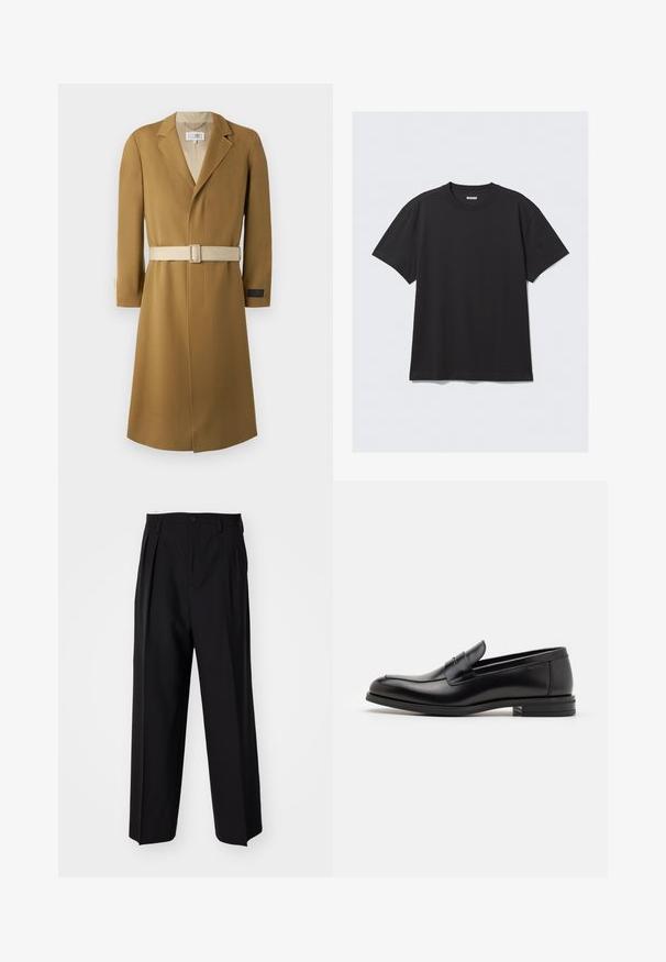 Hosszú, övvel ellátott kabát kamelszínben. Texturált anyagból készült, feltűnő gallérral és bézs övvel. Az ujjon található egy címke a márkázásért.; Fekete, rövid ujjú póló, pamutból készült. Kerek nyakkivágással és laza szabással rendelkezik. Egyszerű dizájn, melyen nincsenek minták vagy díszítések.; Fekete, pliszírozott nadrág, egyenes, széles lábakkal. Sima anyagból készült, gombos záródással és övhurkokkal rendelkezik.; Fekete bőr loaferek sima textúrával, kerek orral és dekoratív pánttal a vampnál. Alacsony, rétegelt sarkú, minimalista dizájn.