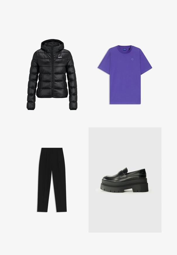 Czarna pikowana kurtka z zamkiem błyskawicznym i kapturem. Posiada wzór pikowania oraz logo "HUGO" na klatce piersiowej. Wykonana z błyszczącego materiału.; Fioletowa bawełniana koszulka z krótkim rękawem, okrągłym dekoltem i haftowanym logo na piersi, charakteryzująca się gładką teksturą i luźnym krojem.; Czarne spodnie o prostym kroju, z podwójnymi zakładkami, gładką teksturą i klasycznym krojem w talii. Bez widocznych elementów metalowych ani akcentów.; Czarne skórzane loafersy z grubą platformą. Okrągły nos, detal szwu z przodu i subtelne akcenty przeszycia. Płaska, teksturowana podeszwa.