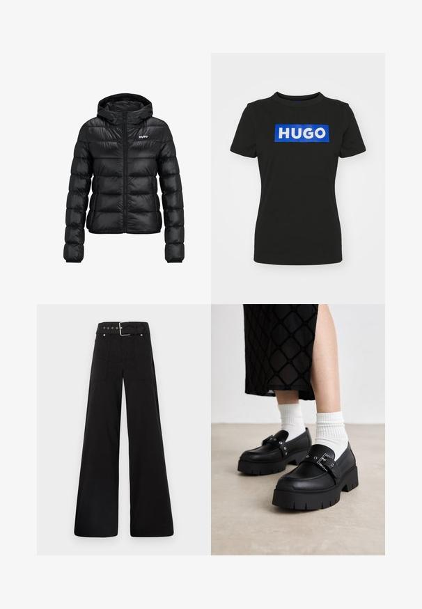 Jachetă neagră căptușită cu fermoar și glugă. Prezentând un design matlasat și logo-ul "HUGO" pe piept. Fabricată din material lucios.; Tricou negru cu mânecă scurtă, confecționat din bumbac, având un grafic rectangular mare de culoare albastră cu cuvântul "HUGO" scris cu litere albe, îndrăznețe.; Pantaloni negri cu croială largă, confecționați din bumbac, cu talie înaltă, buzunare laterale mari și talie prevăzută cu brâu cu accente din metal argintiu.; Loaferi negri cu talpă platformă, din piele netedă, având un detaliu cu cataramă și accente cu cuie, asociați cu șosete albe cu dungi.