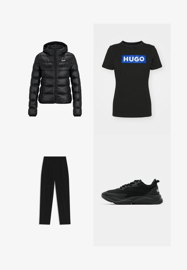 Schwarze gepolsterte Jacke mit einem Reißverschluss und Kapuze. Verfügt über ein gestepptes Design und das "HUGO"-Logo auf der Brust. Hergestellt aus glänzendem Material.; Schwarzes T-Shirt mit kurzen Ärmeln aus Baumwolle, das ein großes blaues rechteckiges Grafikdesign mit dem Wort "HUGO" in weißen Fettdruckbuchstaben zeigt.; Schwarze Hose mit geradem Schnitt, doppelten Falten, einer glatten Textur und einem klassischen Bunddesign. Keine sichtbaren Beschläge oder Akzente.; Schwarze Sport-Sneaker mit einer strukturierten Oberseite, Schnürverschluss, gepolsterter Sohle und einem markierten Akzent an der Ferse.
