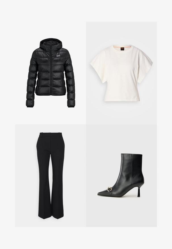 Sort polstret jakke med lynlåslukning og hætte. Har et quiltet design og "HUGO"-logoet på brystet. Fremstillet af skinnende materiale.; Hvid cropped T-shirt, korte brede ærmer, blødt bomuldsstof, rund halsudskæring med diskret orange kant, minimalistisk design uden mønstre eller grafik.; Sorte plisserede bukser med et lige ben-design, lavet af et glat stof. Har en høj talje og usynlige sidelommer.; Sort læder ankelstøvle med spidse tæer, slank hæl i mellemhøjde og sølvspænde detaljer på siden mod en ensfarvet baggrund.