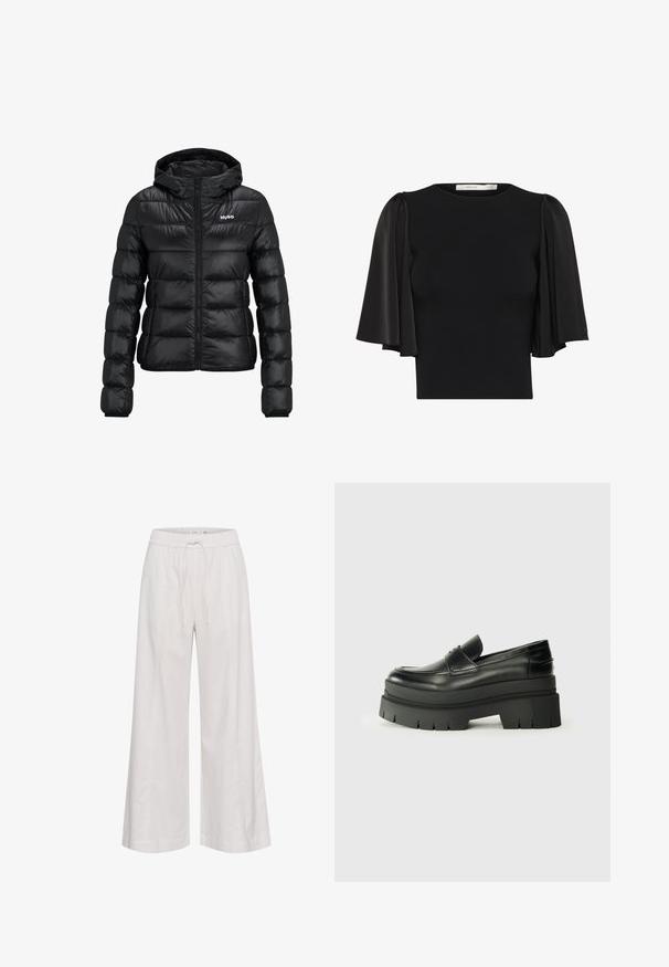 Čierna vypchatá bunda so zapínaním na zips a kapucňou. Obsahuje prešívaný dizajn a logo "HUGO" na hrudi. Vyrobené z lesklého materiálu.; Čierny top s krátkymi puff rukávmi vyrobený z priesvitnej látky, s okrúhlym výstrihom a priliehavým strihom. Mäkká textúra s hladkým povrchom.; Široké nohavice z jemnej bielej tkaniny, s elastickým pásom na šnúrku, hladkou textúrou a bez ďalších ozdôb.; Čierne kožené loafers s masívnou platformou. Zaoblená špička, predný šev a jemné švy. Plošná, štruktúrovaná podrážka.
