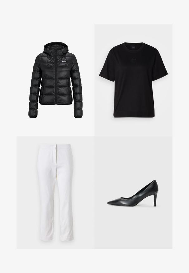 Casaco preto acolchoado com fecho de correr e capuz. Apresenta um design acolchoado e o logo "HUGO" no peito. Feito de material brilhante.; T-shirt de algodão preto com decote redondo, mangas curtas e um logótipo bordado no peito. Corte simples e descontraído, sem padrões.; Calças de algodão brancas com um design de perna reta, apresentando uma cintura de altura média e sem hardware ou padrões visíveis. Textura suave por toda a peça.; Pump de couro preto com bico fino e salto slim, textura suave e sem adornos visíveis. Design limpo com uma estética minimalista.