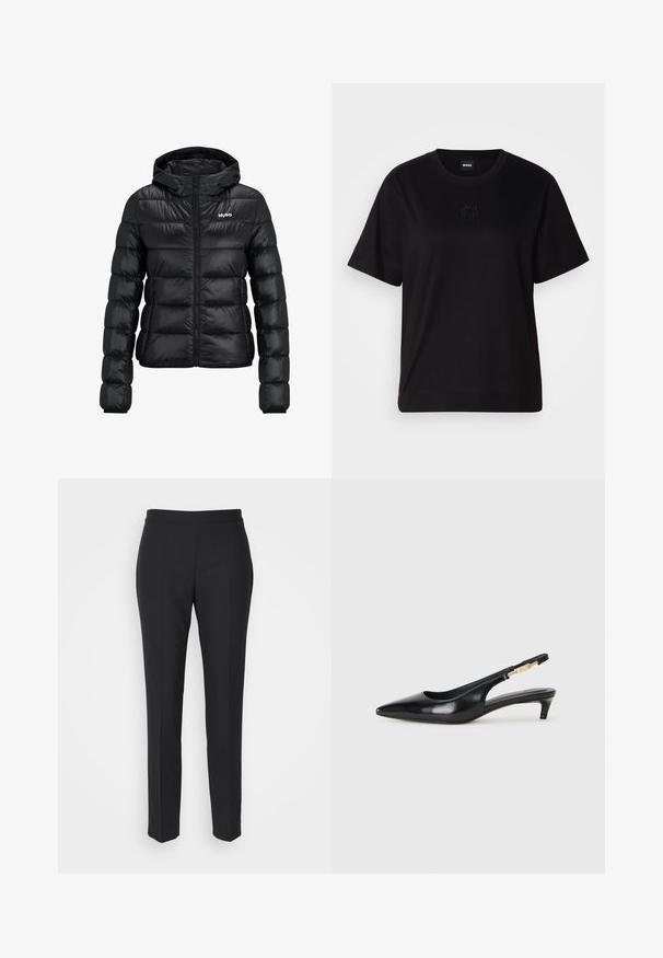 Čierna vypchatá bunda so zapínaním na zips a kapucňou. Obsahuje prešívaný dizajn a logo "HUGO" na hrudi. Vyrobené z lesklého materiálu.; Čierne bavlnené tričko s okrúhlym výstrihom, krátkymi rukávmi a vyšívaným logom na hrudi. Jednoduchý, voľný strih bez vzorov.; Čierne nohavice na mieru s hladkou textúrou, úzkym strihom a plochým pásom. Žiadne viditeľné kovové súčiastky; švy vytvárajú elegantný siluetu.; Čierne kožené slingback opätky s špicatou špičkou, s úzkym opätkom a zlatým detailom na nastaviteľnom remienku. Hladká textúra.