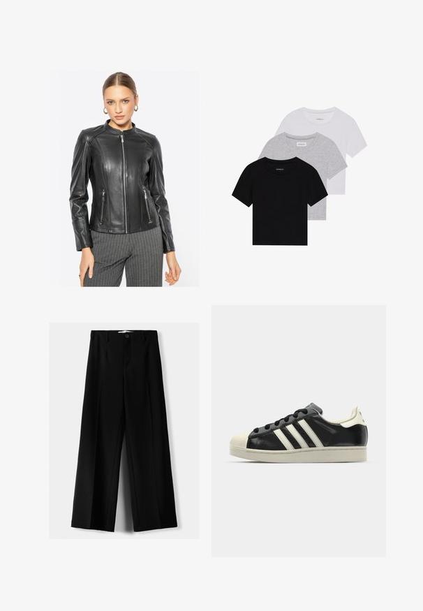 Zwarte leren jas met een hoge kraag, een ritssluiting aan de voorkant en twee zijzakken. Beschikt over getextureerde schouders en geribbelde accenten op de mouwen.; Set van drie korte mouwen t-shirts in zwart, grijs en wit. Gemaakt van katoen, met een ronde hals en een eenvoudig, effen kleurontwerp.; Zwarte wijde broek van lichtgewicht stof, met een knoopsluiting aan de voorkant en een vlakke achterkant, afgewerkt met keurig gestikte zoom.; Zwarte leren sneaker met witte strepen, rubberen teenbescherming, zwarte veters en een crèmekleurige loopzool. Glad oppervlak met een glanzende afwerking.
