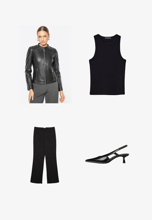 Schwarze Lederjacke mit hohem Kragen, Reißverschluss vorne und zwei Seitentaschen. Verfügt über strukturierte Schultern und gerippte Akzente an den Ärmeln.; Schwarzes Tanktop aus Baumwolle mit rundem Halsausschnitt und weiten Armöffnungen. Glatte Textur mit genähten Säumen. Klassisches, minimalistisches Design.; Schwarze Hose mit geradem Schnitt, ausgestattet mit Fronttaschen und Seitenschlitzen am Saum. Hergestellt aus weichem, glattem Stoff. Geeignet für verschiedene Anlässe.; Schwarze Lackleder-Slingback-High Heels mit spitzer Zehenform, ausgeschnittenem Seitendesign und kleinem Blockabsatz. Glatte Textur mit minimalen Akzenten.