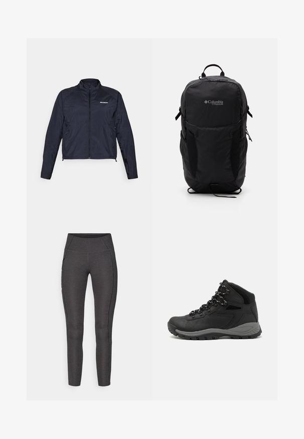 Salomon FLY - Neperpučiamoji striukė - deep black; Juodas "Columbia" marškinėliai su balta apskrita kalnų ir upės linijų grafika bei tekstu "Columbia Sportswear Company Lauke nuo 1938 metų."; Aukštos juosmens tamprės tamsiai pilkos spalvos, pagamintos iš tekstūruotos medžiagos. Turi prigludusį dizainą ir šonines kišenes saugojimui.; Juodas žygio botas su vidutinio aukščio dizainu, pasižymintis tekstūruota viršutine dalimi, pilkų akcentų ir patvaria guma padanga su sukibimo gumbais.; Juodas Columbia Titanium kuprinė su lygaus audinio tekstūra, šoninėmis kišenėmis, viršutine rankena ir reguliuojamomis petnešomis. Minimalistinis dizainas su subtiliu logotipu.
