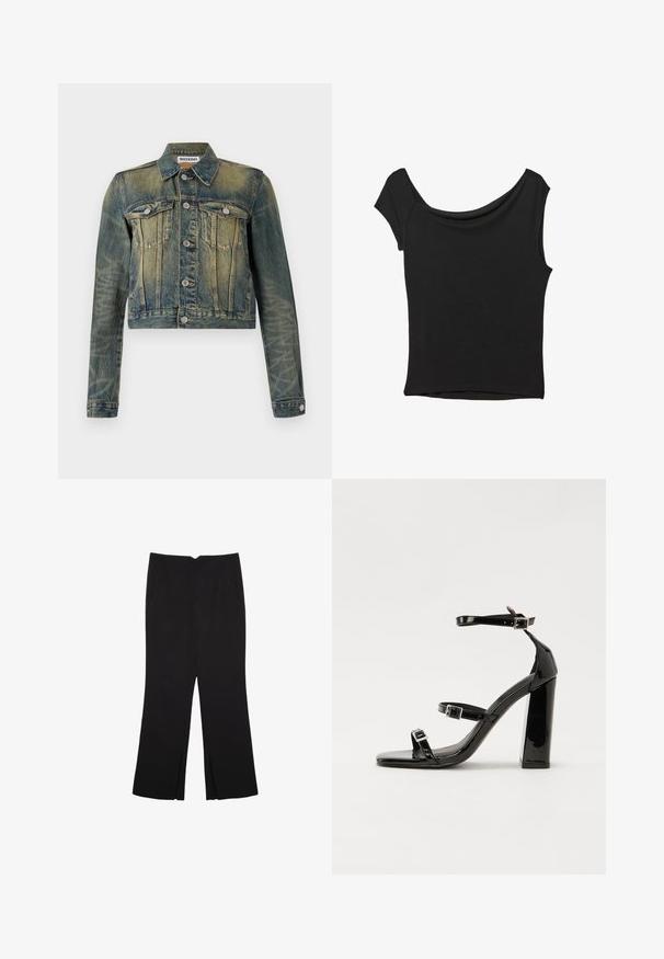 Denimjakke med en falmet blå finish, cropped design, to brystlommer og sølvfarvede knapper. Har en klassisk krave og lange ærmer.; Sort kortærmet top lavet af glat stof; har en draperet halsudskæring og en asymmetrisk kant, med en tætsiddende pasform.; Sorte bukser med lige pasform, der har frontlommer og slidser i kanten. Lavet af blødt, glat stof. Velegnet til forskellige anledninger.; Sorte patenterede hælsandaler med firkantet tå, ankelremme og sølvspænder. Har en chunky blokHæl for stabilitet.