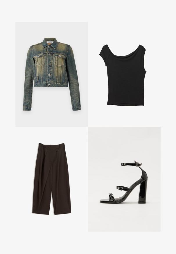 Farkkutakki, jossa on haalistunut sininen pinta, lyhennetty malli, kaksi rintataskua ja hopeiset napit. Omistaa klassisen kauluksen ja pitkät hihat.; Musta lyhythihainen paita, joka on valmistettu sileästä kankaasta; siinä on laskeutuva kaula-aukko ja epäsymmetrinen helma, sekä istuva malli.; Tummanruskeat leveälahkeiset housut, joissa on korkea vyötärö, yhden napin sulkea ja pleatattu etuosa. Valmistettu kevyestä kankaasta.; Musta kiiltävä korkokenkä sandaalit neliönmuotoisella varpaalla, nilkkaremmillä ja hopeisilla soljilla. Varustettu tukevalla lohkokorkealla vakauden takaamiseksi.