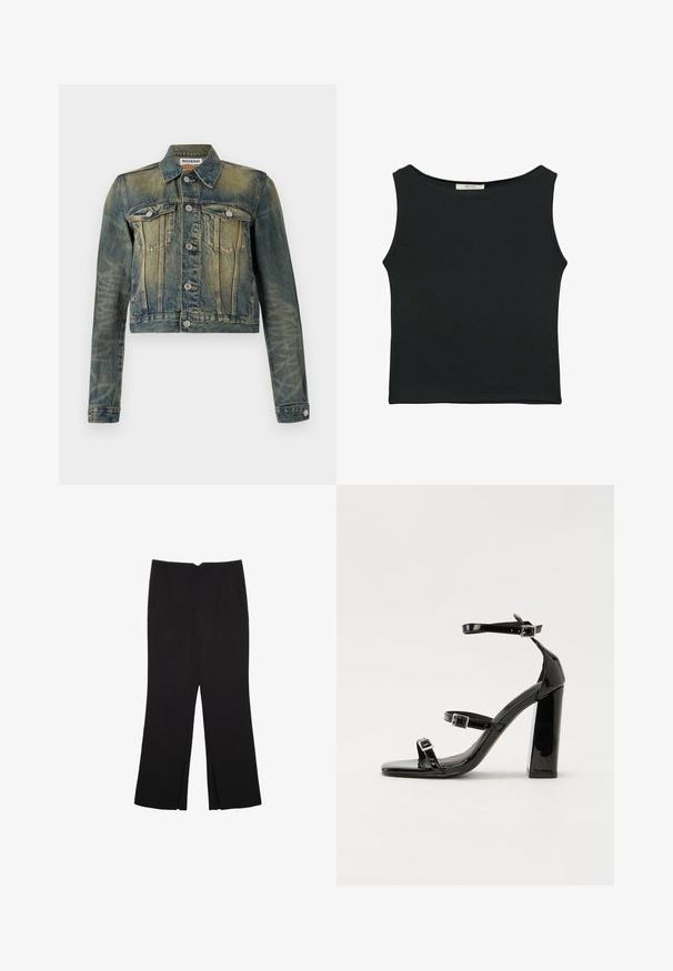 Traper jakna s izblijedjelim plavim završetkom, skraćeni dizajn, dva džepa na prsima i srebrnim gumbima. Ima klasični ovratnik i duge rukave.; Crna majica bez rukava od glatkog materijala, s okruglim izrezom i uskim krojem bez vidljivih uzoraka ili ukrasa.; Crne hlače ravnog kroja, s prednjim džepovima i bočnim prorezima na rubu. Izrađene od mekog i glatkog materijala. Pogodne za razne prigode.; Crne lakirane sandale na pete sa kvadratnim nosom, trakama oko gležnja i srebrnim kopčama. Imaju čvrst blok petu za stabilnost.