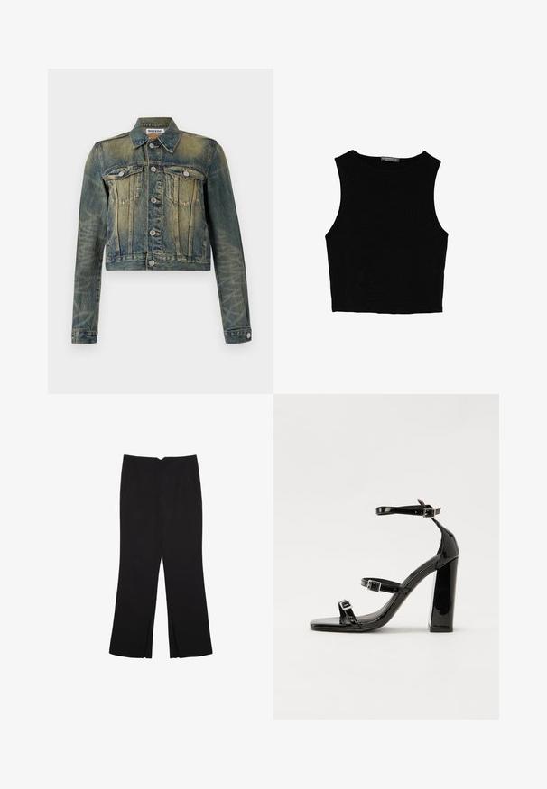 Jeansjacke mit einem verblassten blauen Finish, verkürztem Design, zwei Brusttaschen und silbernen Knöpfen. Verfügt über einen klassischen Kragen und lange Ärmel.; Schwarzes ärmelloses Crop-Top aus glattem Stoff, mit rundem Ausschnitt und einem klaren, schlichten Design ohne Muster oder Beschläge.; Schwarze Hose mit geradem Schnitt, ausgestattet mit Fronttaschen und Seitenschlitzen am Saum. Hergestellt aus weichem, glattem Stoff. Geeignet für verschiedene Anlässe.; Schwarze patentierte Sandalen mit Absatz, quadratischer Spitze, Knöchelriemen und silbernen Schnallen. Mit einem stabilen Blockabsatz für mehr Stabilität.