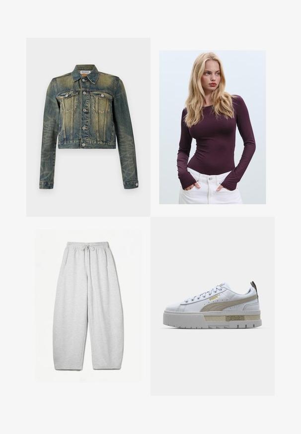 Veste en denim avec une finition bleu délavé, design cropped, deux poches poitrine et boutons en argent. Présente un col classique et des manches longues.; Haut ajusté bourgogne à manches longues avec un col rond et des ouvertures pour les pouces, associé à un pantalon blanc taille haute. Tissu lisse et texture extensible.; Pantalons de survêtement gris clair avec une coupe décontractée, taille élastique, cordelette de serrage et poches latérales ; fabriqués à partir d'un tissu doux et texturé.; Baskets blanches avec une bande beige proéminente, une semelle épaisse grise et des accents dorés. Elles possèdent des lacets ronds et un rabat de langue texturé avec un logo.