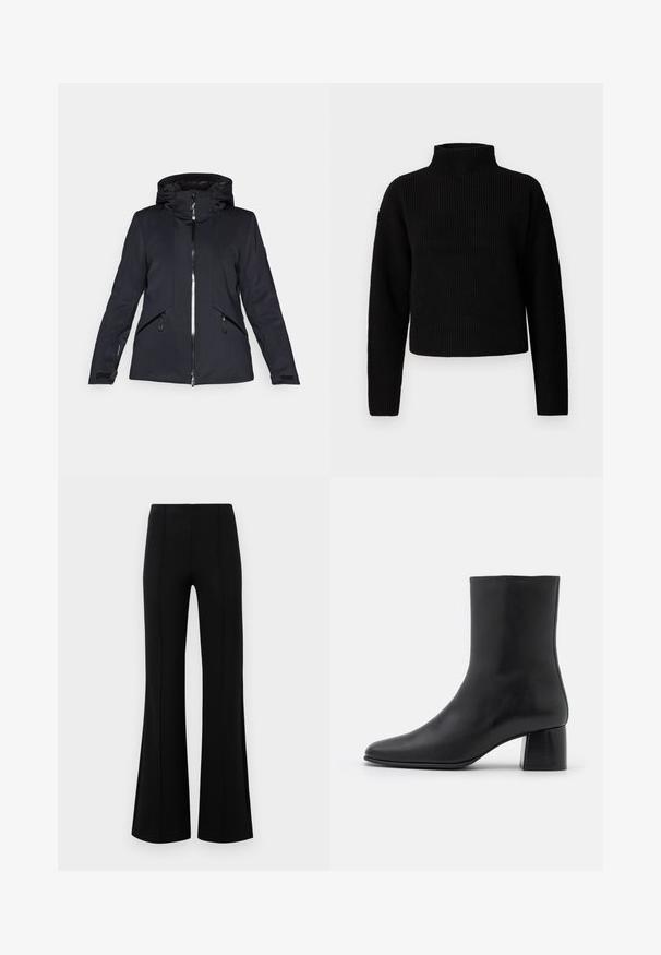 Juodas švarkas, pagamintas iš lygaus audinio, su kapišonu, priekiniu užtrauktuku ir dviem šoniniais kišenėmis su užtrauktukais. Su reguliuojamais rankogaliais.; Juodas ribotas golfas su ilgomis rankovėmis ir trumpu dizainu. Tekstūra atrodo storai megzta, be matomų raštų ar puošmenų.; Juodos plačios kelnės su aukštu liemeniu, pagamintos iš tamprios medžiagos. Priekinėje dalyje yra vertikalūs siūlų akcentai ir lygus paviršius.; Juodas odinis kulkšninis botas su smailiu pirštu ir masyviu kvadratiniu kulnu. Lygus paviršius be siūlių ir minimalizmu išsiskiriantis dizainas.