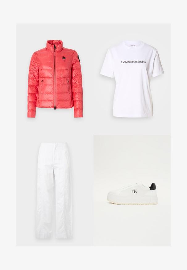 Coral puffer jacket with a high collar, front zipper, and two side pockets. Features a smooth, shiny texture and logo on the chest.; White cotton t-shirt with short sleeves, featuring black text "Calvin Klein Jeans" across the front. Crew neck design, smooth texture.; White wide-leg trousers made of lightweight fabric, featuring a smooth texture, clean lines, and a high waist design.; White platform sneakers with a textured leather finish, featuring a black heel accent and a black "ck" logo on the side. Thick rubber sole.