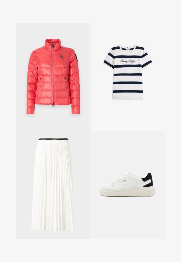 Korallfarget pufferjakke med høy krage, frontglidelås og to sidelommer. Har en glatt, shiny tekstur og logo på brystet.; Koftet laget av bomull har horisontale marineblå striper på hvit bakgrunn. "Tommy Hilfiger" brodert i kursiv på brystet. Rund hals.; Plissert hvit skjørt med en svart elastisk midje som har "LACOSTE"-logoen. Midjelengde design med myk tekstur.; Hvite lær sneakers med tykk hvit såle, svart semsket hælforsterkning og preget logo på siden. Snøresystem med seks hull.