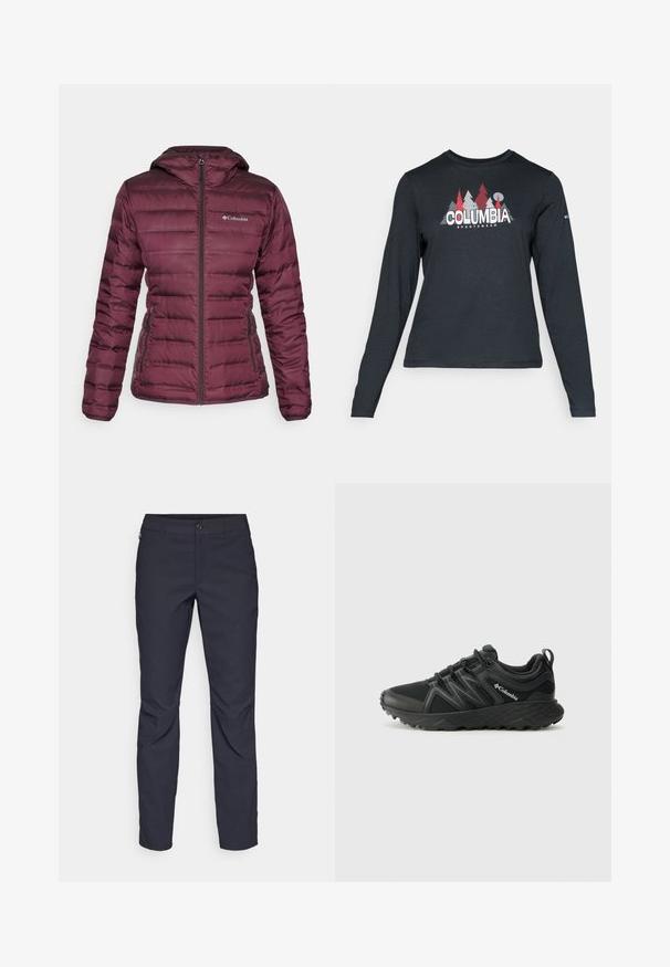 Burgundijas pūkains jaka ar kapuci, ar rāvējslēdzēja priekšpusi un sānu kabatām. Iezīmējas ar kvadrātveida dizainu un kontrastējošu tekstūru pie šuvēm.; Tumšs pelēks krekls ar garām piedurknēm, ar grafiku, kurā attēloti sarkani koki un kalni; "COLUMBIA" logo treknā baltā tekstā. Mīksta auduma, standarta apaļa kakla izgriezums.; Navy zila bikses, kas izgatavotas no gludas auduma, ar priekšējo pogu aizdari, pieguļošu siluetu un krokām pie ceļgaliem.; Columbia PEAKFREAK - Pārgājienu apavi - black