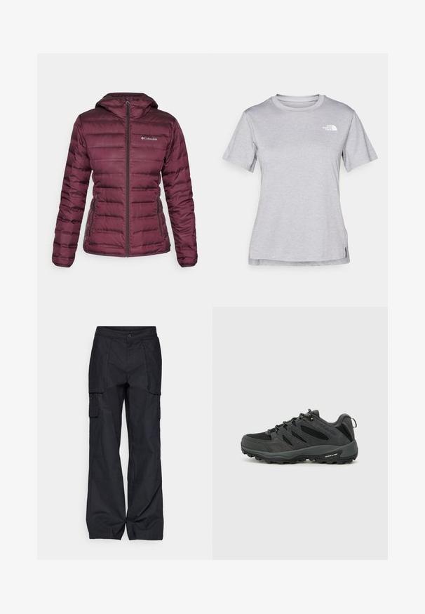 Burgundy puffer jacket with a hood, zippered front, and side pockets. Features quilted design and contrasting texture along seams.; Harmaa lyhythihainen t-paita, joka on valmistettu pehmeästä, kosteutta siirtävästä kankaasta. Siinä on pyöreä kaula-aukko ja pieni valkoinen logo vasemmassa yläkulmassa.; Columbia BREA FALLS™ COTTON RIPSTOP PANT - Ulkohousut - black; Columbia REDMOND - Vaelluskengät - black/citron haze