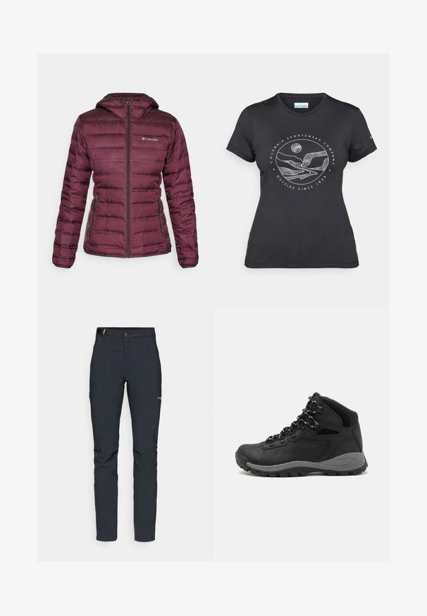 Burgundská prešívaná bunda s kapucňou, so zipsom vpredu a bočnými vreckami. Má prešívaný dizajn a kontrastnú textúru pozdĺž švov.; Čierne tričko Columbia s bielou kruhovou grafikou hory a rieky a textom "Columbia Sportswear Company vonku od roku 1938."; Pánske outdoorové nohavice, tmavo šedé, vyrobené z flexibilného materiálu, s opaskom, so zipsovými vreckami a vystuženým šitím.; Čierna turistická obuv s polovičným strihom, s textúrovaným zvrškom, šedými akcentmi a odolnou gumovou podrážkou s protišmykovými hrebienkami.