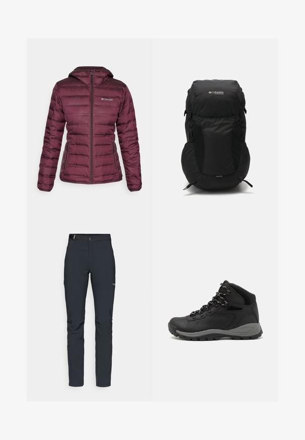 Bordeaux pufferjakke med hette, glidelås foran og sidelommer. Har et kviltet design og kontrasterende tekstur langs sømmene.; Svart Columbia t-skjorte med hvit sirkulær fjell- og elvlinjekunst og tekst "Columbia Sportswear Company Outside Since 1938."; Herre utendørsbukser, mørkegrå, laget av fleksibelt materiale, med belte, glidelåslommer og forsterkede sømmer.; Sorte turstøvler med mid-topp design, som har en teksturert overdel, grå detaljer og slitesterk gummisåle med godt grep.; Svart ryggsekk med rund topp, laget av slitesterkt stoff. Har sidelommer i mesh og en regntett dekselmerke nederst.