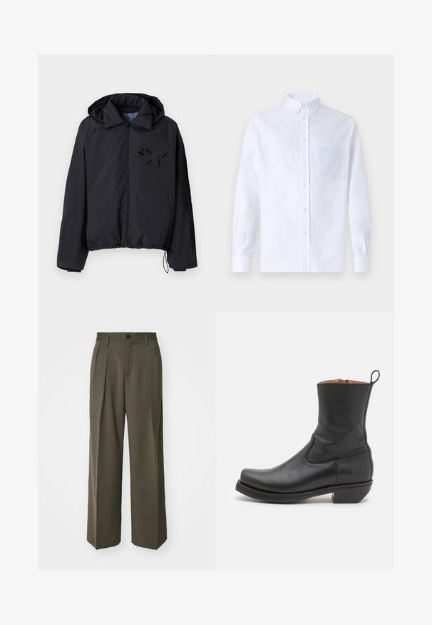 Black windbreaker jacket with a zippered front, hood, elastic hem, and a textured black butterfly logo on the left chest side.; White long-sleeve button-up shirt made of cotton, featuring a chest pocket with tonal embroidery, a collar, and button cuffs.; Filippa K WIDE TROUSERS - Trousers - driftwood; Black leather ankle boot with a smooth texture, slim profile, side stitching, and a low square heel. Features a pull tab at the back.