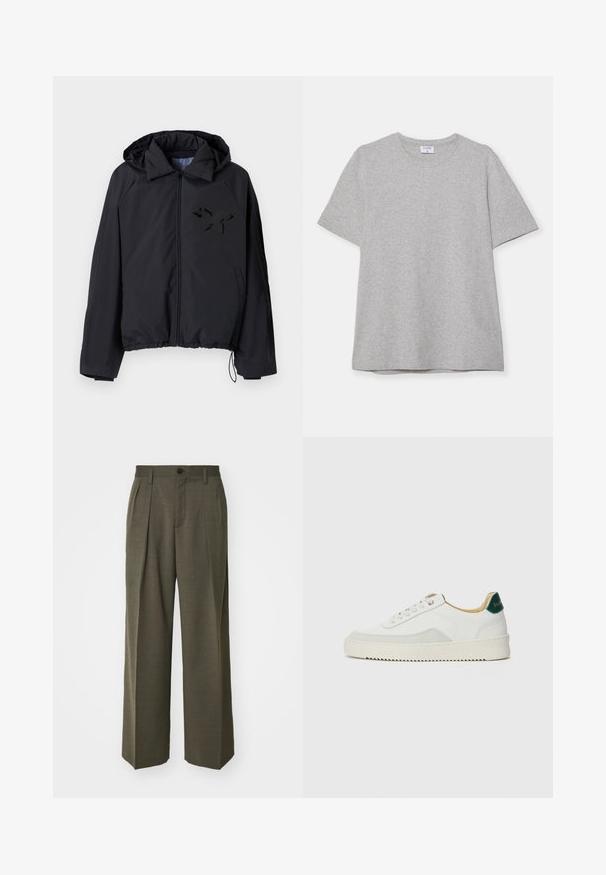 Fekete szélálló kabát cipzárral elöl, kapucnival, rugalmas alsó résszel, valamint egy texturált fekete pillangó logóval a bal mellkasi részen.; Szürke, rövid ujjú póló, puha, texturált anyagból készült. Klasszikus környakú és egyenes fazonú, alkalmas hétköznapi viseletre.; Filippa K WIDE TROUSERS - Nadrágok - driftwood; Fehér sneaker suédé részletekkel, kerek orral, lapos fűzőkkel és krémszínű gumitalppal. Zöld logó található a sarkán.