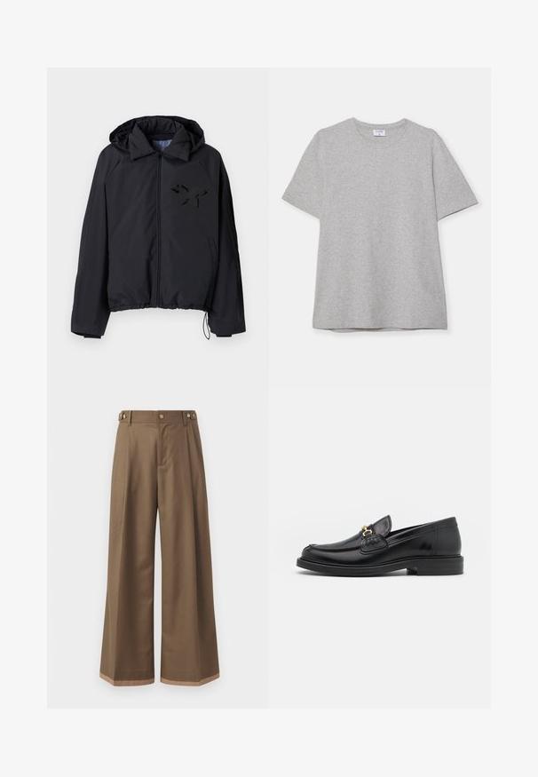 Mustmust mustrahakk, millel on tõmblukk ees, kapuuts, elastne ääreosa ja tekstuuriga must liblikalogo vasakul rinnaku poolel.; Hallhargist lühikeste varrukatega T-särk pehmest, tekstuuriga kangast. Omab klassikalist ümarat kaelust ja sirget allääret, sobides igapäevaseks kandmiseks.; Laiad sääred tumepruunides pükstes, millel on kaks küljetaskut, kaks dekoratiivset nupukest ees ja kontrastne äärise detail.; Mustad nahast loafers ümarate varvastega, millel on kuldne riistvaraline aksessuaar ja tikandite detail, paigutatud madalale, tekstureeritud kummist tallale.