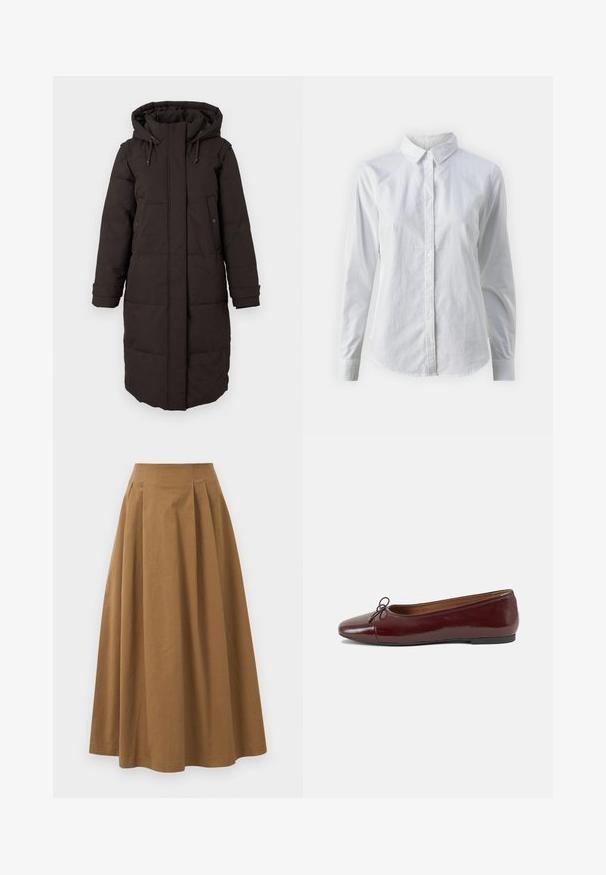 Long black padded winter coat with hood, front zipper covered by flap, two snap-button pockets, and adjustable cuff straps.; White button-up shirt made of smooth cotton, featuring a classic collar, long sleeves, and a curved hem. Buttons are small and white.; Brown cotton A-line skirt with a high waist, featuring pleats down the front and a smooth texture. Hem finishes are clean and simple.; Burgundy patent leather ballet flat with a rounded toe, small bow accent at the front, and a low, black rubber sole. Smooth texture.