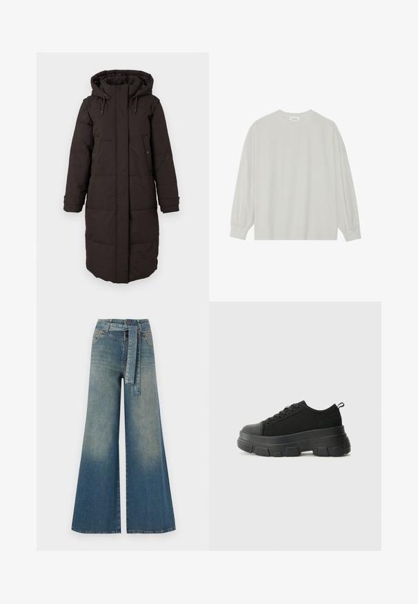 Lång svart vadderad vinterjacka med huva, framsidan med dragkedja täckt av ett lock, två knapp-fickor och justerbara ärmsnoddar.; Ljusgrå långärmad t-shirt i mjuk bomull. Har en lös passform, rund halsringning och lätt rynkade ärmslut. Utan mönster eller grafik.; Breda denimbyxor med en ljus till mörkblå gradient, hög midja, bälteshällor och ett matchande tygbälte. Texturerad denimfinish.; Svarta sneakers med en kraftig gummisula, texturerad tygöverdel, rund tå och snörning. Har förstärkta öglor och dragflik bak.