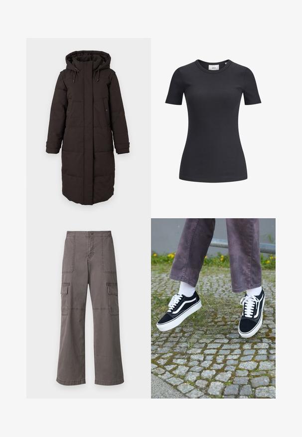 Lang svart polstret vinterjakke med hette, frontglidelås dekket av klaff, to trykknapp-lommer og justerbare mansjettstriper.; Svart ribbet kortermet t-skjorte med rund hals. Laget av et mykt, stretchy stoff, med subtil tekstur og en tettsittende silhuett.; Grå cargobukser laget av bomull med et bredt ben-design, med to frontlommer, to sidelommer og synlige sømdetaljer.; Svarte semskede joggesko med hvite detaljer, med rund tå, tykk hvit såle og klassisk snøring, båret med hvite sokker og lilla bukser.